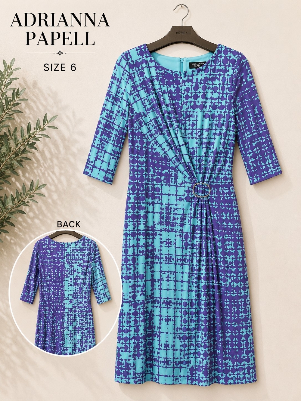 Adrianna Papell Purple Turquoise Abstract Print Ruched Dress Size 6